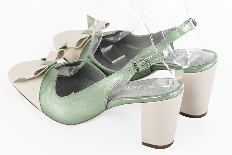 Off white and mint green women's open back shoes, with a knot. Round toe. High block heels. Rear view - Florence KOOIJMAN